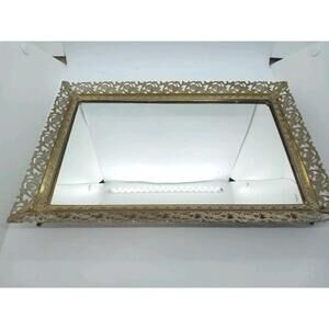 Vintage Square Filagree Gold Vanity Tray W Mirror Dresser  14.5” X 9.5” 50 Yrs